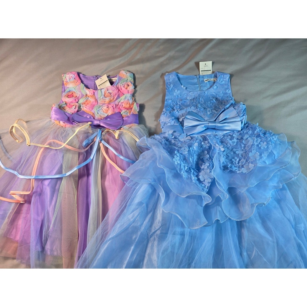 NNJXD Party Dress Kids Girls 3-4T Blue Purple Floral Tulle Gown Bundle of 2 NEW
